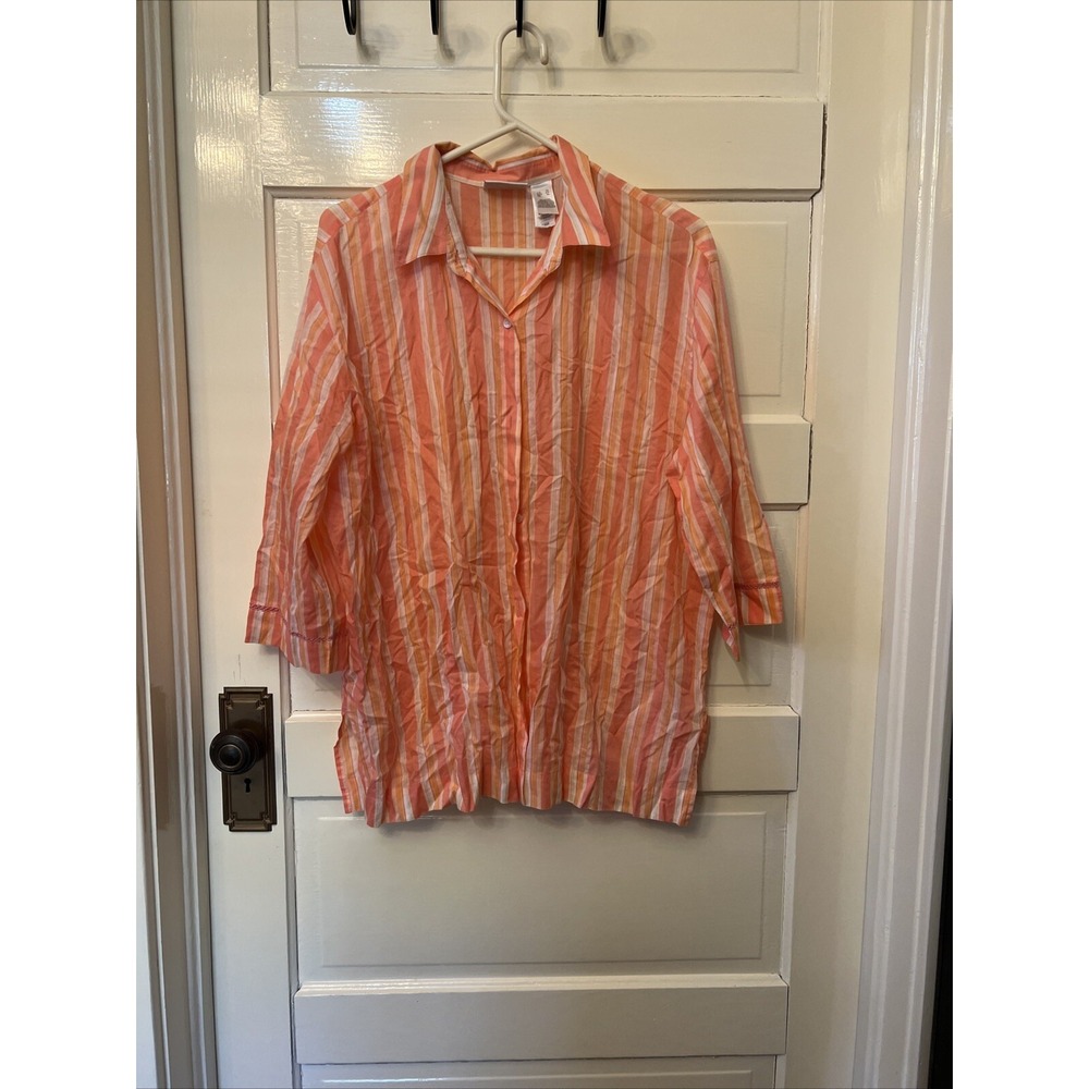 Liz Claiborne Womens Button Down Blouse XL Pink Orange Stripe Cotton Lizsport